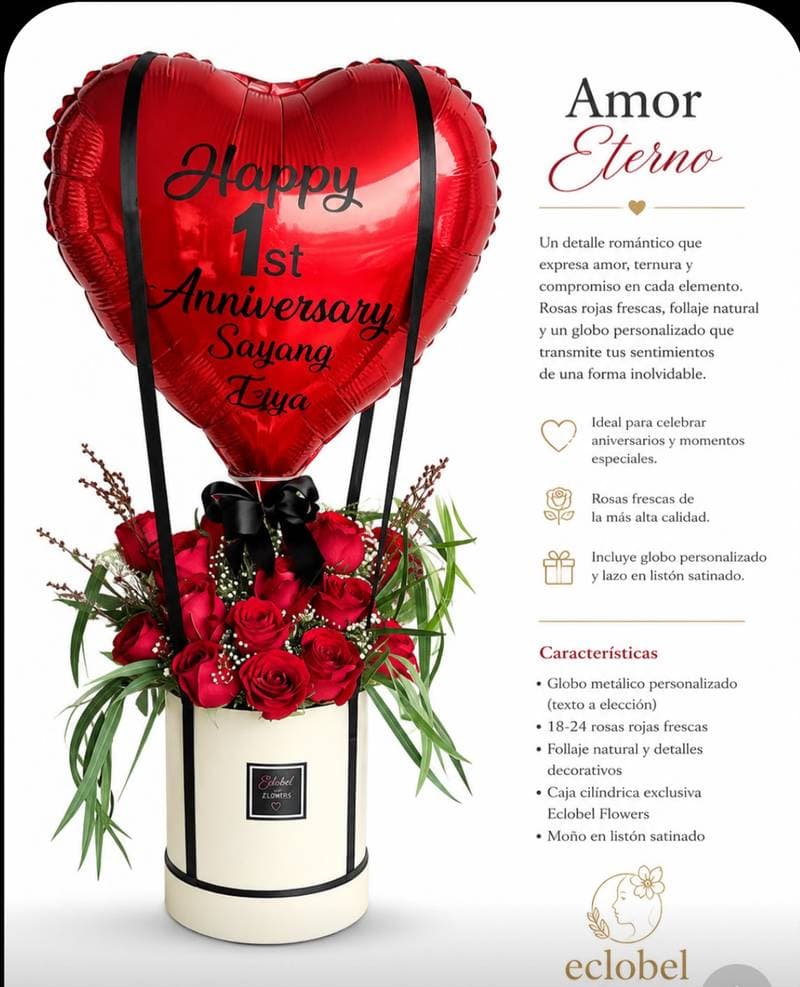 Arreglo Amor Eterno con rosas rojas y globo personalizado